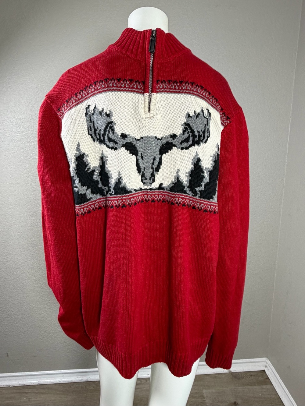CHAPS Mens Fair Isle Moose Quarter Zip Sweater Red Nordic Ski Lodge Large - Picture 2 of 7